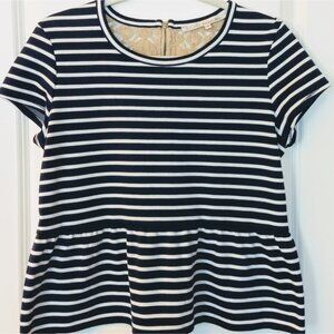 Women's Rachel Roy Blue & White Striped With Lace Short Sleeve Shirt Size Small